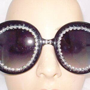 SEXY SUNNIES, ROUND BLACK FRAMED SUNGLASSES SILVER RHINESTONES